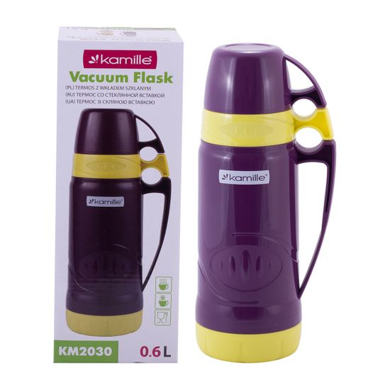Термос 600 мл. со стеклянной колбой Kamille KM 2030 пластиковый, 2 чашки
