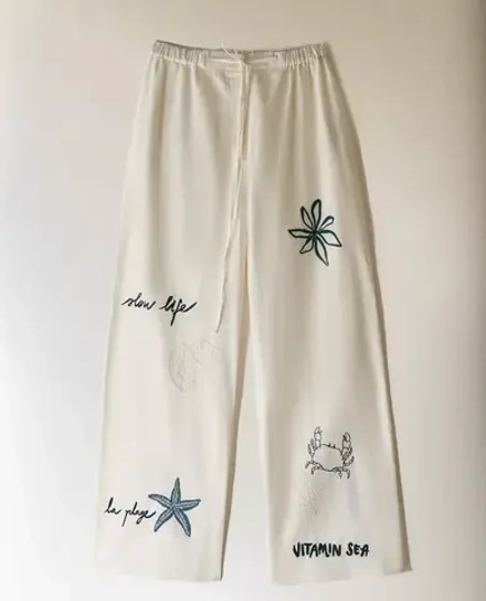 ZARA HOME БРЮКИ ИЗ ХЛОПКА И ЛЬНА С ВЫШИВКОЙ, СИНИЙ