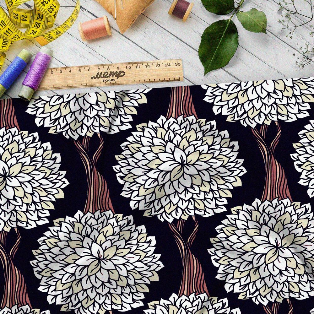 Ткань шелк Армани сказочные деревья с белой листвой