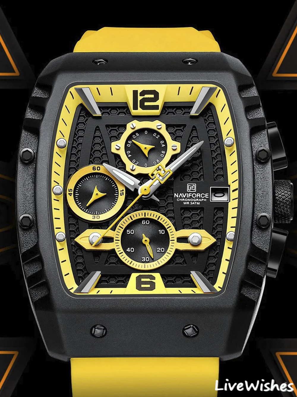Часы наручные кварцевые NAVIFORCE на силиконовом ремешке, черный/желтый W8830-03