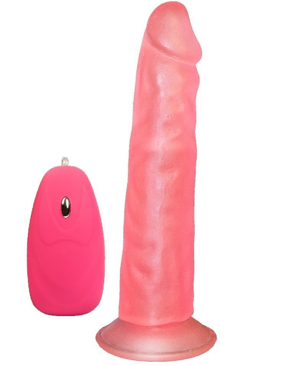 Розовый вибромассажёр на присоске с проводным пультом - 16,5 см. (Цвет: розовый)