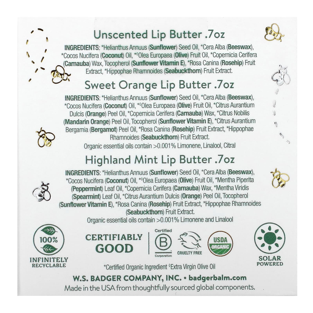Badger, Lip Butter Tin Trio, набор из 3 предметов, 20 г (0,7 унции) в каждом