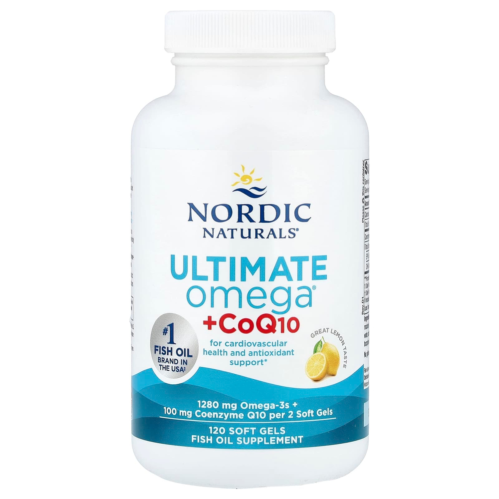 Nordic Naturals, Ultimate Omega + CoQ10, высокоэффективные омега-3 кислоты с коэнзимом Q10, со вкусом лимона, 1280 мг, 120 капсул (640 мг в 1 капсуле)