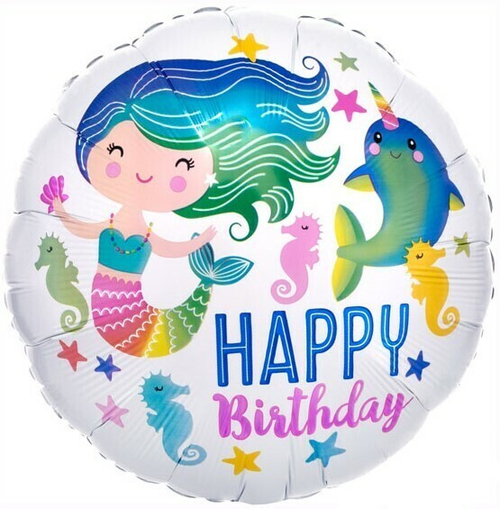 Шар (18''/46 см) Круг, Русалочка и нарвал, С Днем Рождения!, Белый, 1 шт.