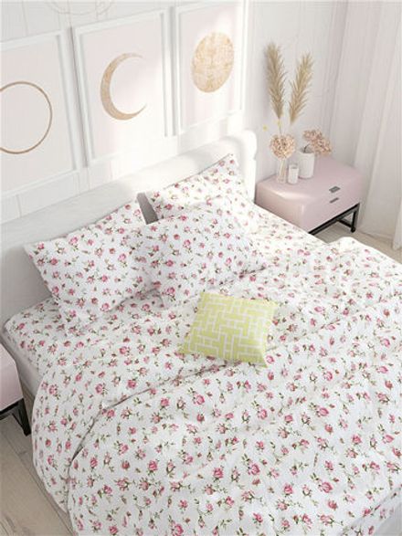 Постельное белье Сказка "Розовые бутоны" евро Наволочка 50х70 см 2 шт Простынь на резинке 180х200 см Пододеяльник 200х215 см, перкаль