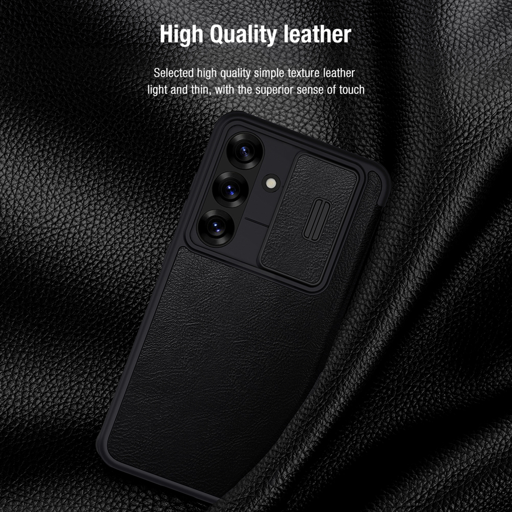 Кожаный чехол книжка черного цвета от Nillkin для Samsung Galaxy S25, серия Qin Pro Leather с сдвижной защитной шторкой для камеры