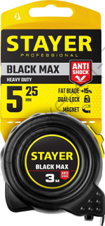 STAYER BlackMax, 5 м х 25 мм, рулетка с двумя фиксаторами, Professional (3410-05-25)