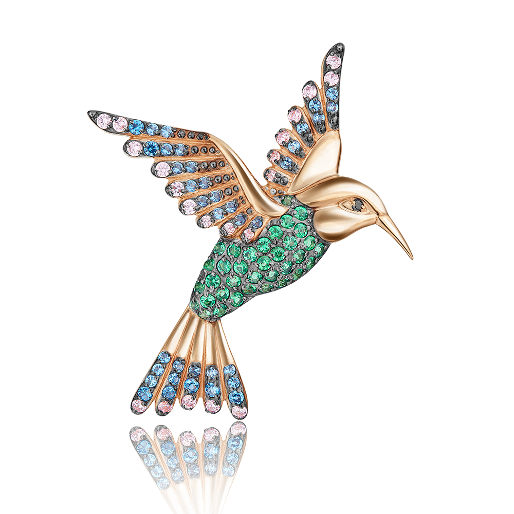 Брошь «Колибри» из красного золота с фианитами