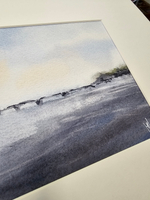 Картина авторская акварельная в паспарту 20х50 см на стену для интерьера "Туман на Великой"