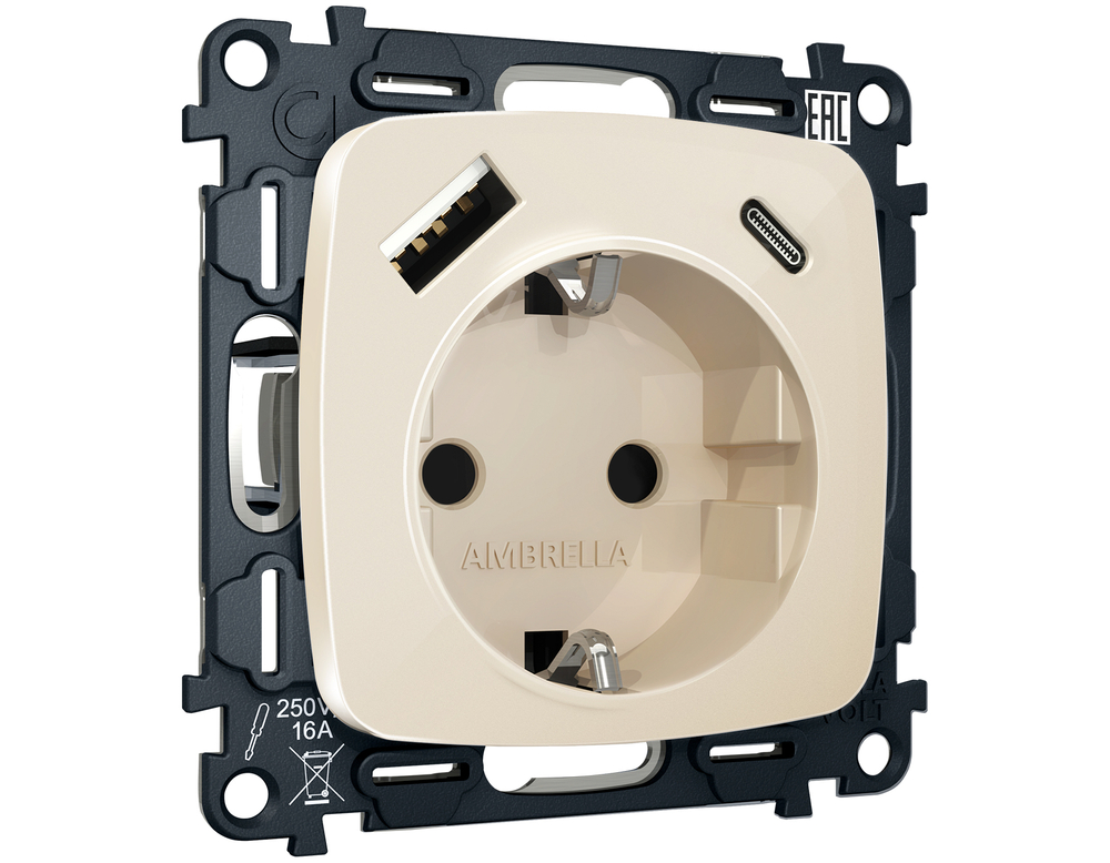 MO310010 Комплект механизма электрической розетки OMEGA Бежевый глянец 2USB A+C 20W (быстрая зарядка) с/з QUANT (OP3100, VM160)