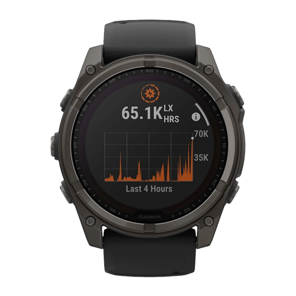 Спортивные часы Garmin fenix 8, 51 мм, Solar, титан с DLC, сапфир, силиконовый ремешок цвета чёрный/«серая галька» Тёмно-серый безель из титана с DLC-покрытием, дисплей Solar. Ремешок с классической застёжкой — на запястье обхватом 127–210 мм