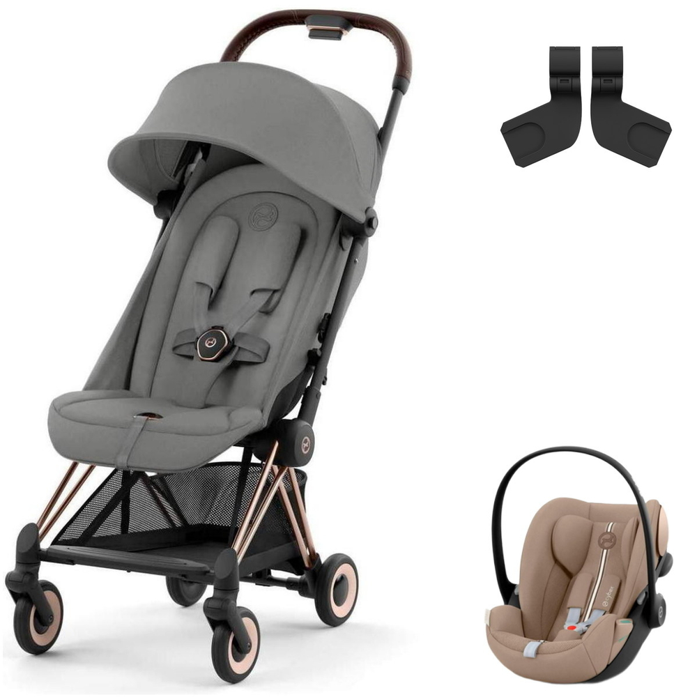 Коляска Cybex Coya Rosegold Frame Cloud G i-Size Almond Beige Plus Mirage Grey с дождевиком и бампером