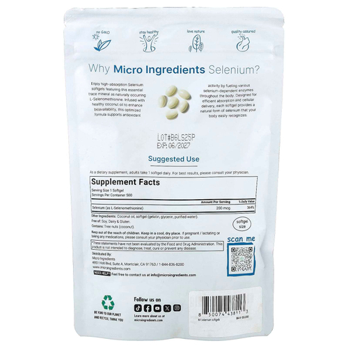 Micro Ingredients, селен, 200 мкг, 500 капсул
