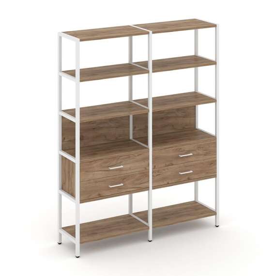 Shelf System Двухсекционный стеллаж пятиярусный с ящиками SN.STM-522 Дуб Табак/Металл Белый 1590*400
