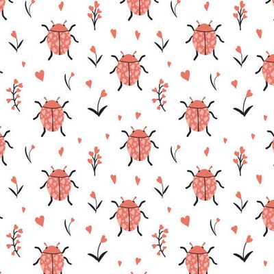 Красные божьи коровки, цветы и сердечки на белом фоне.