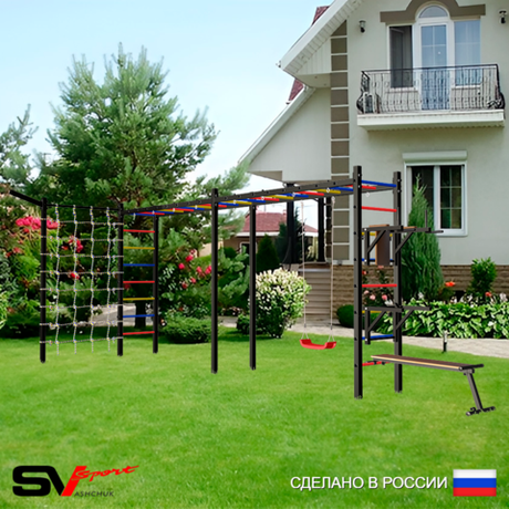 Уличная шведская стенка Sv Sport рукоход х 2 с комплектом турник прямой У55055 (Брусья/Стойка/Скамья/"Лодочка"/Кронш бокс/Сетка)