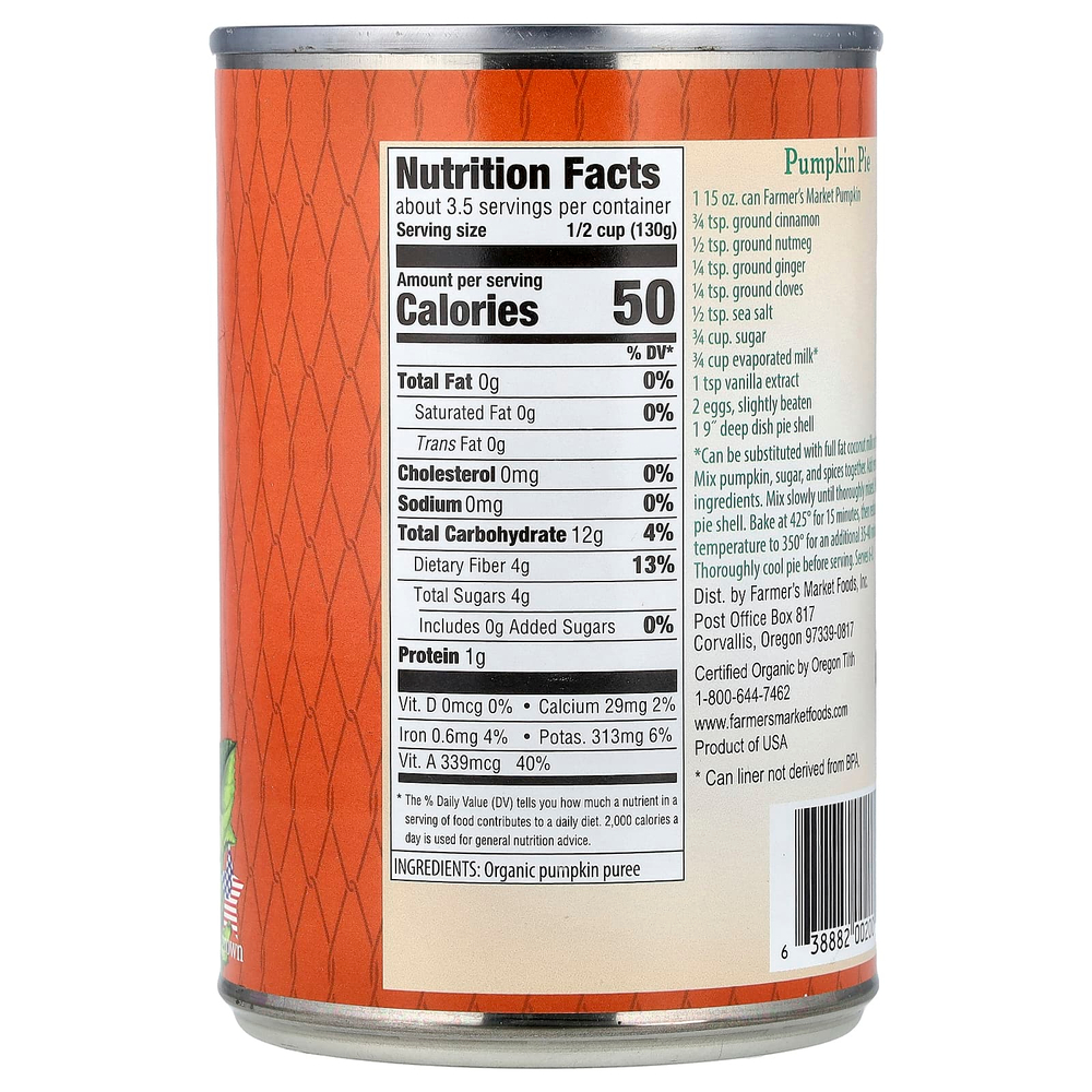 Farmers Market Foods, органическое тыквенное пюре, 425 г (15 унций)