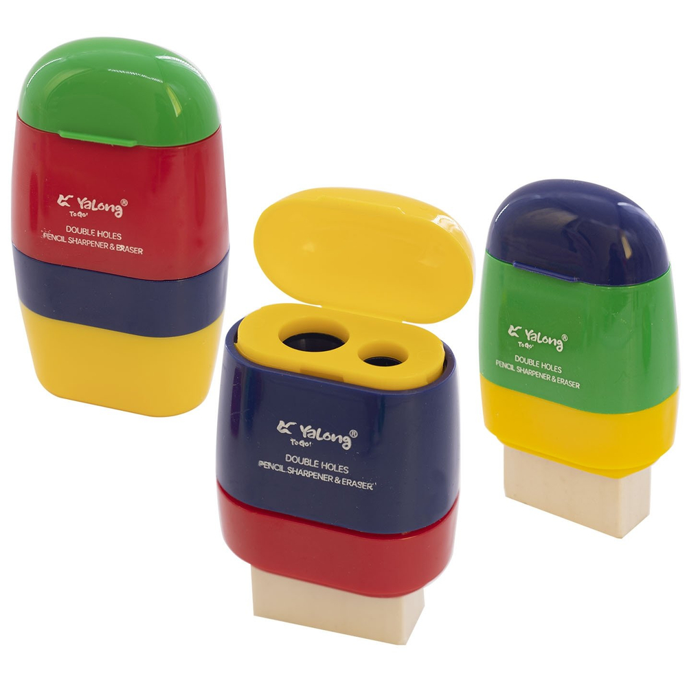 Точилка Yalong, пластиковая с ластиком Yalong, "Светофор", 2 отверстия, контейнер, ассорти, картонная упаковка