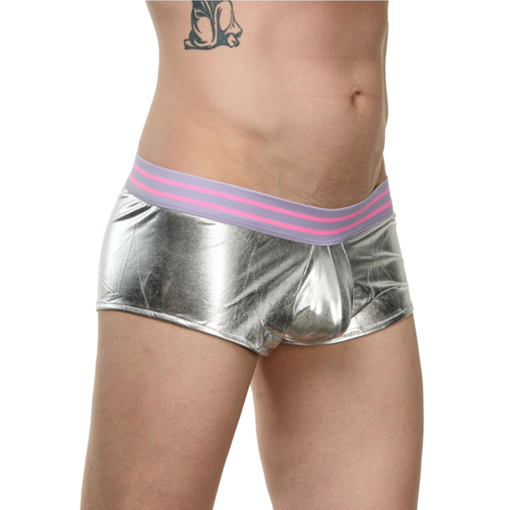 Мужские серебристые трусы-боксеры с широкой резинкой в полоску (Размер: S-M) (Цвет: серебристый)