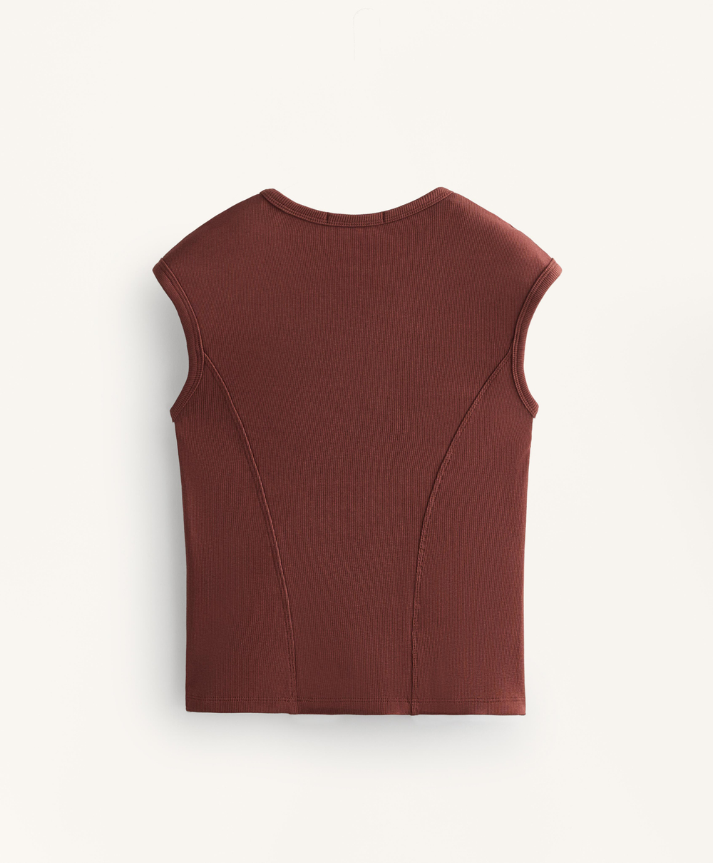 Oysho Футболка с короткими рукавами в рубчик из хлопка и модала, линялый махагон