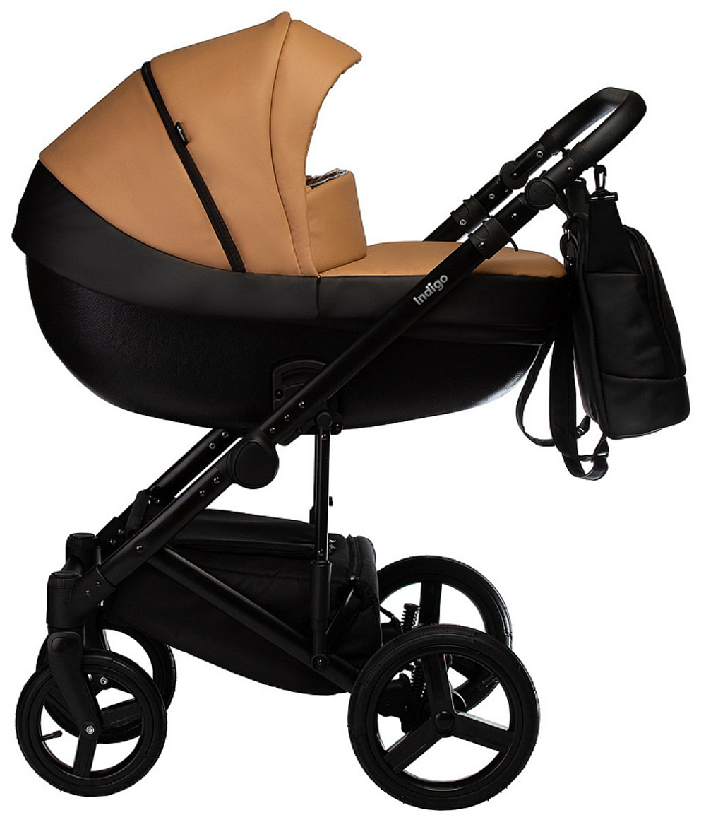 Детская коляска Indigo Tour Eco 3 в 1 с автокреслом Avionaut Cosmo Te05 черная кожа+рыжая кожа