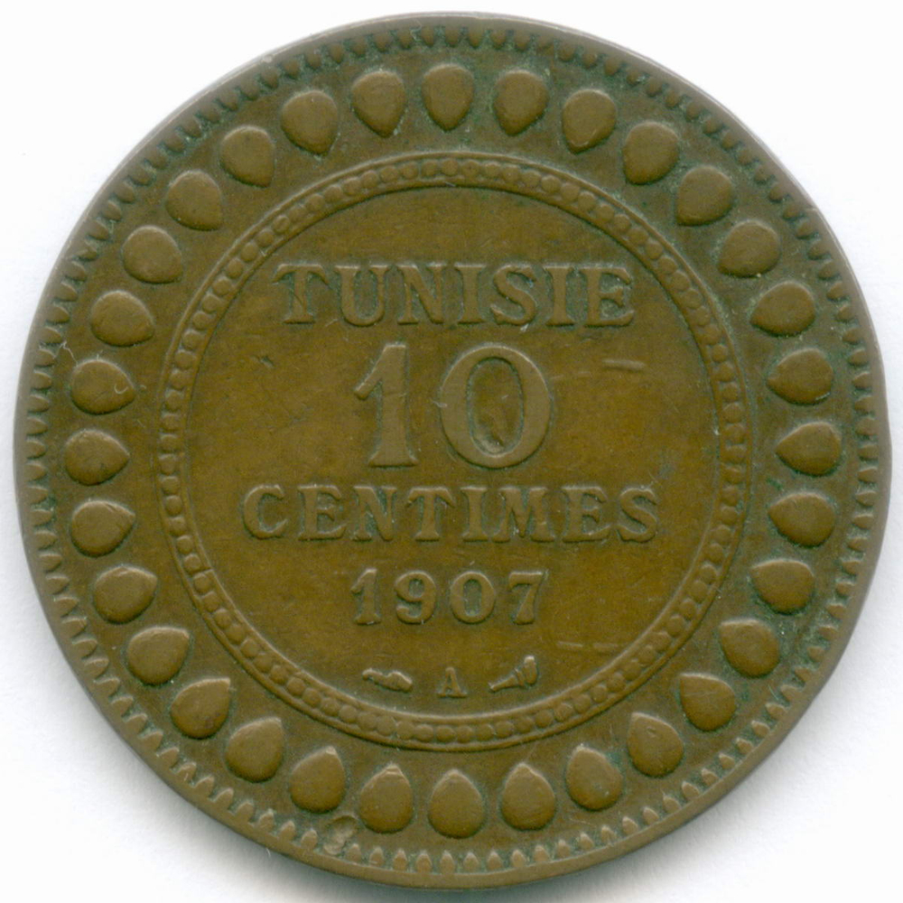 10 сантимов 1907 год. Тунис. Бронза, диаметр 30.5 мм. VF-XF