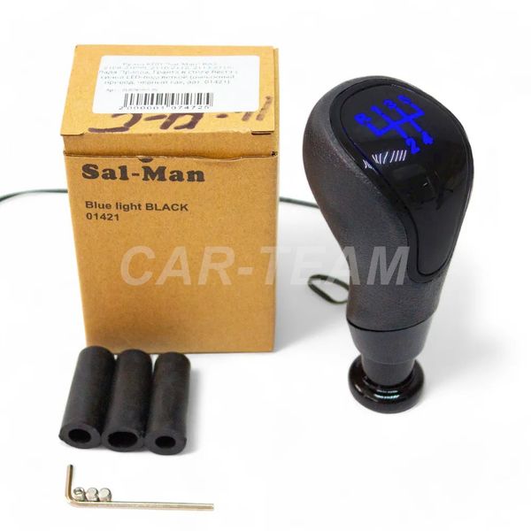 Ручка КПП "Sal-Man" (арт. 01421) ВАЗ 2108-21099, 2110-2112, 2113-2115, Лада Приора в стиле Веста (рычажный привод, черный лак) с синей LED-подсветкой