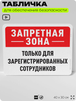 Табличка для обеспечения безопасности "Запретная зона, только для зарегистрированных сотрудников", для офиса, по охране труда для предприятия, организаций, 40х30 см, Айдентика Технолоджи