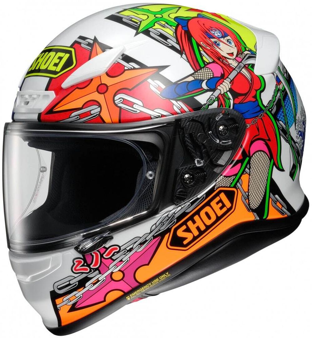 SHOEI Шлем мотоциклетный интеграл с аниме принтом NXR STIMULI бело-зелено-красный 2XS