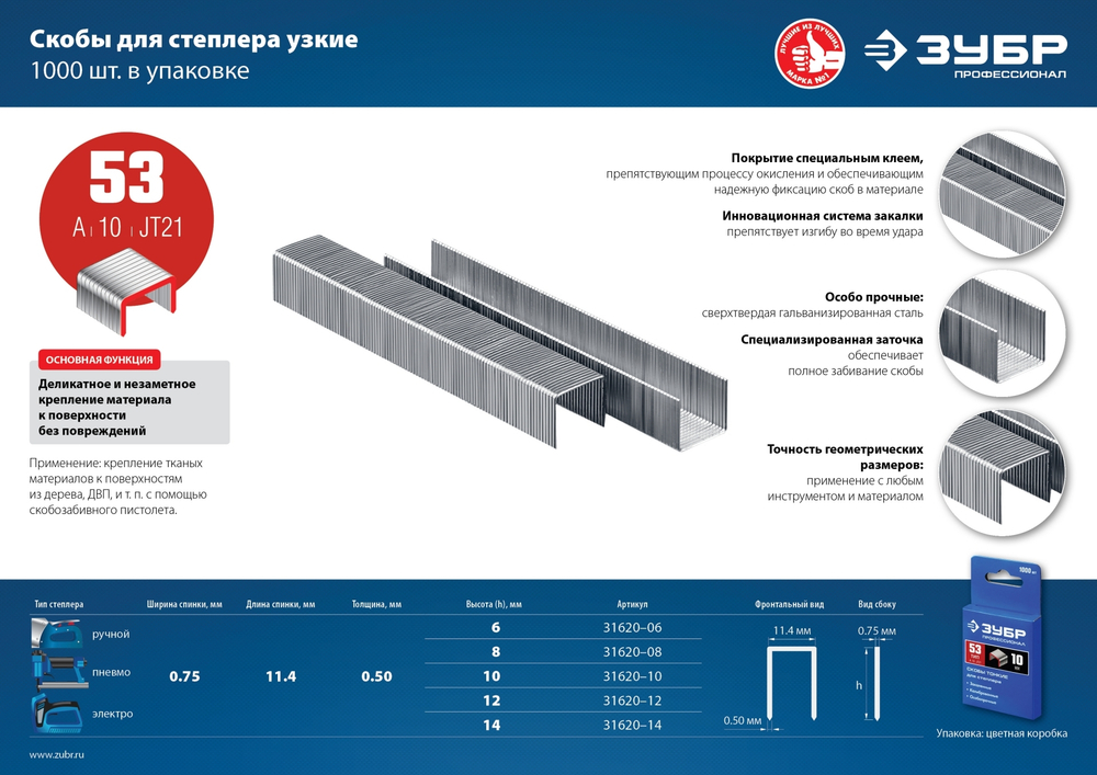 ЗУБР тип 53 (A/10/JT21), 14 мм, 1000 шт, калибр 23GA, скобы для степлера, Профессионал (31620-14)