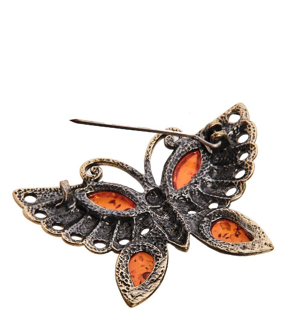 AM-2537 Брошь «Бабочка Бусинка» (латунь, янтарь)