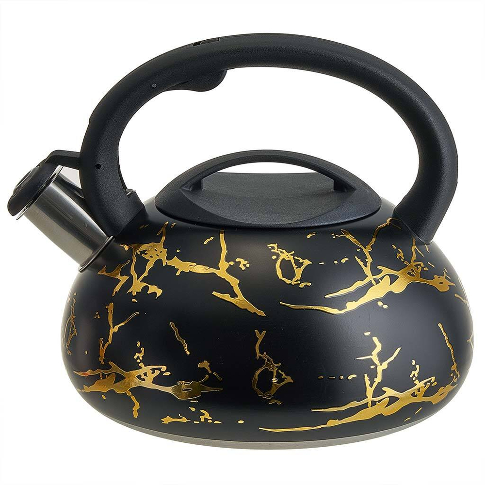 Чайник 3 л из нержавеющей стали со свистком, индукционное дно ALPENKOK AK-538 черный с золотом, ручка черный