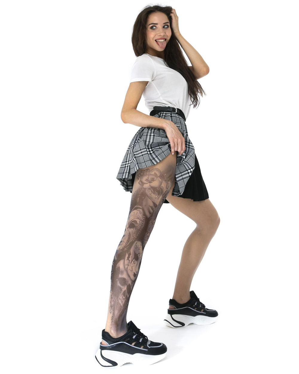 Колготки +size с принтом в виде девушки в маске (Размер: XL-XXL-XXXL) (Цвет: бежевый)