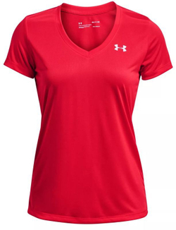 Женская футболка теннисная Under Armour Tech Short Sleeve V-Neck - radio red/metallic silver