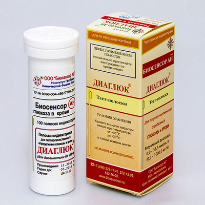 Диаглюк (глюкоза в цельной крови), Биосенсор АН, 100 полосок, 1уп.