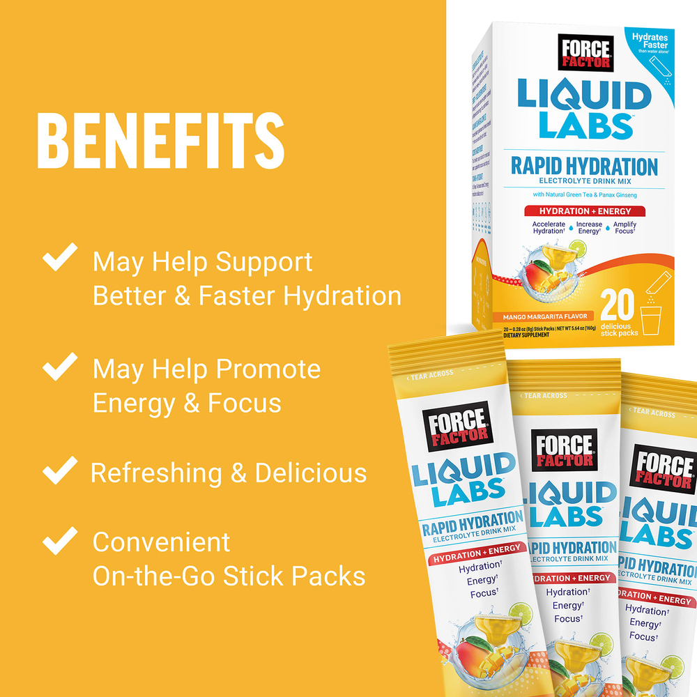 Force Factor, Liquid Labs, Energy, манго и маргарита, 20 пакетиков по 8 г (0,28 унции)