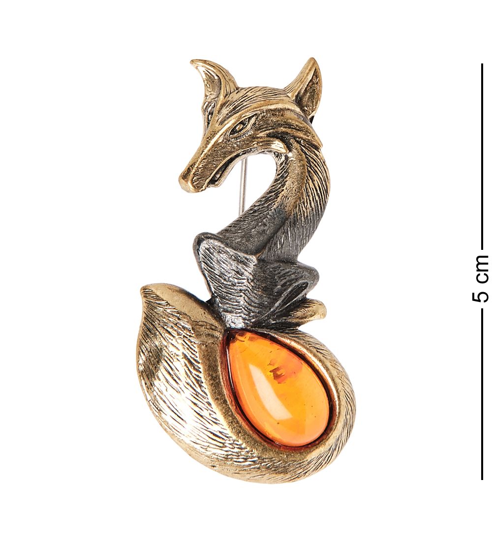 AM- 925 Брошь «Лис» (латунь, янтарь)