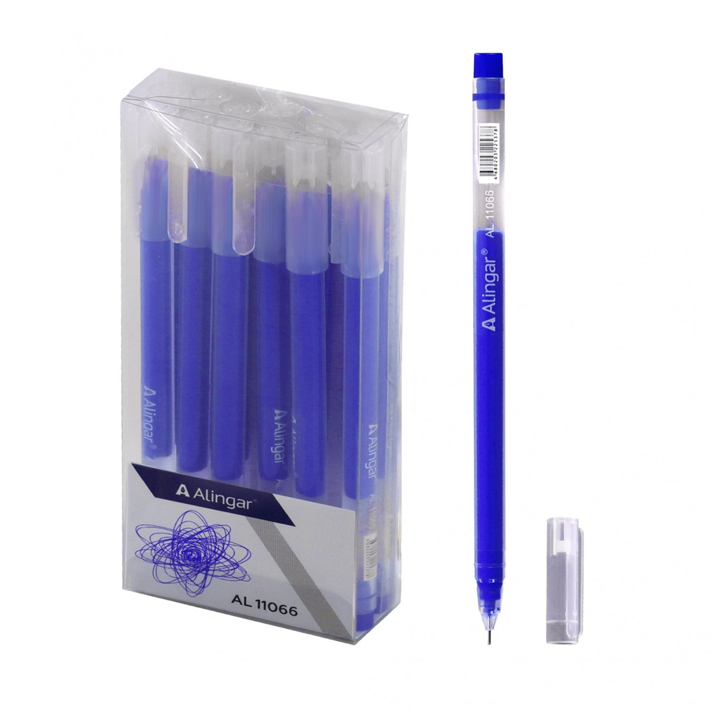 Ручка гелевая Alingar, "Round", 0,5 мм, синяя, игольчатый наконечник, круглый прозрачный пластиковй корпус, ПВХ упаковка