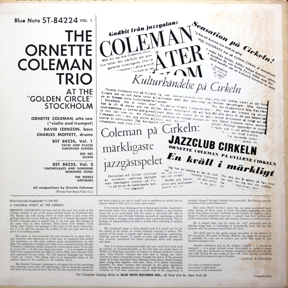 The Ornette Coleman Trio / At The Golden Circle Stockholm, Volume One (LP)