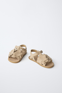 ZARA КОЖАНЫЕ БОСОНОЖКИ BAREFOOT С ЦВЕТАМИ, ЗОЛОТИСТЫЙ