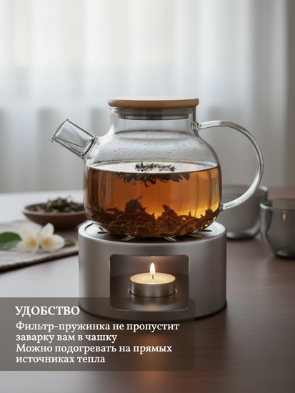 Стеклянный заварочный чайник 1000 мл. Kamille KM 9029 с бамбуковой крышкой