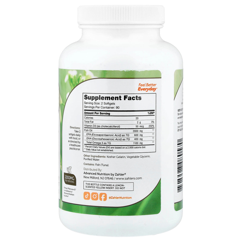 Zahler, Omega 3 Platinum+D™, усовершенствованный рыбий жир с омега-3 и витамин D3, 180 мягких таблеток