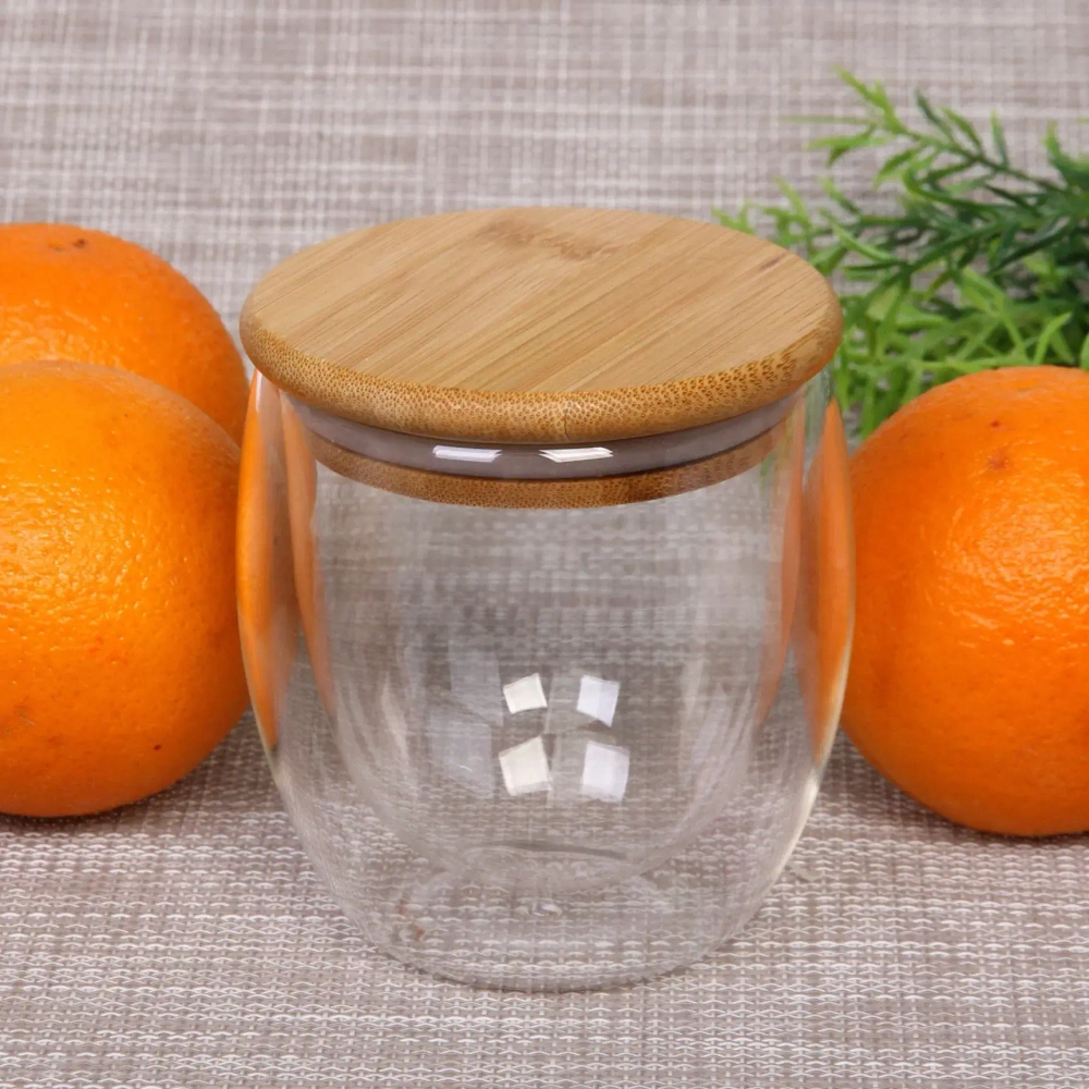 Стакан стеклянный с двойными стенками 250мл «Хай-Тек» с бамбуковой крышкой