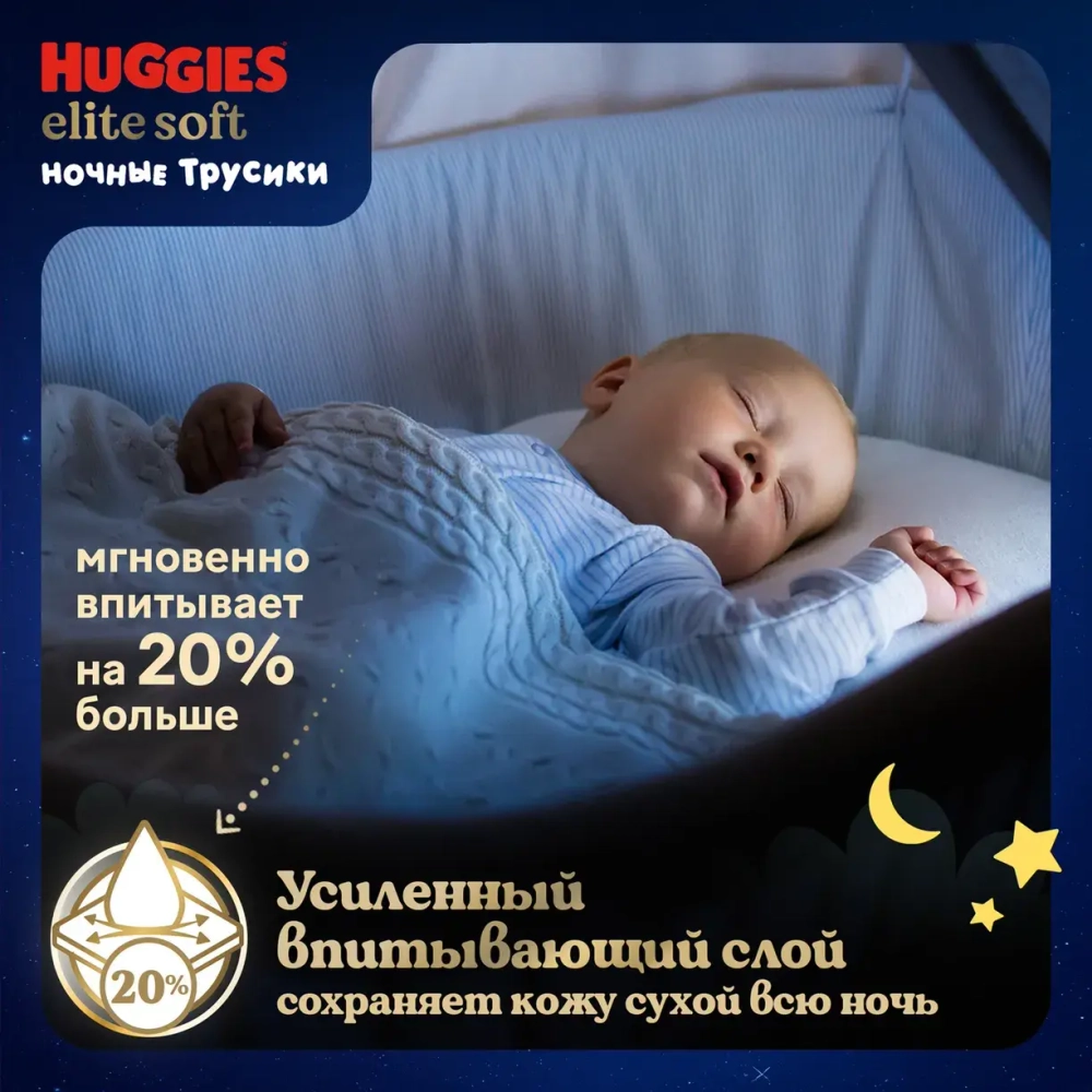 Ночные трусики-подгузники Huggies Элит Софт 5 (12–17 кг), 17 шт. Хаггис
