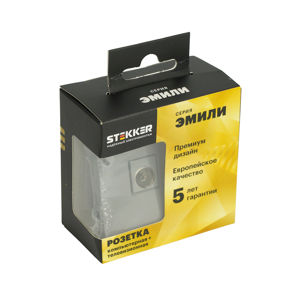 Розетка TV + компьютерная RJ-45 (механизм), STEKKER, серия Эмили, RST00-5106-10, платиново-серый, soft touch 49950