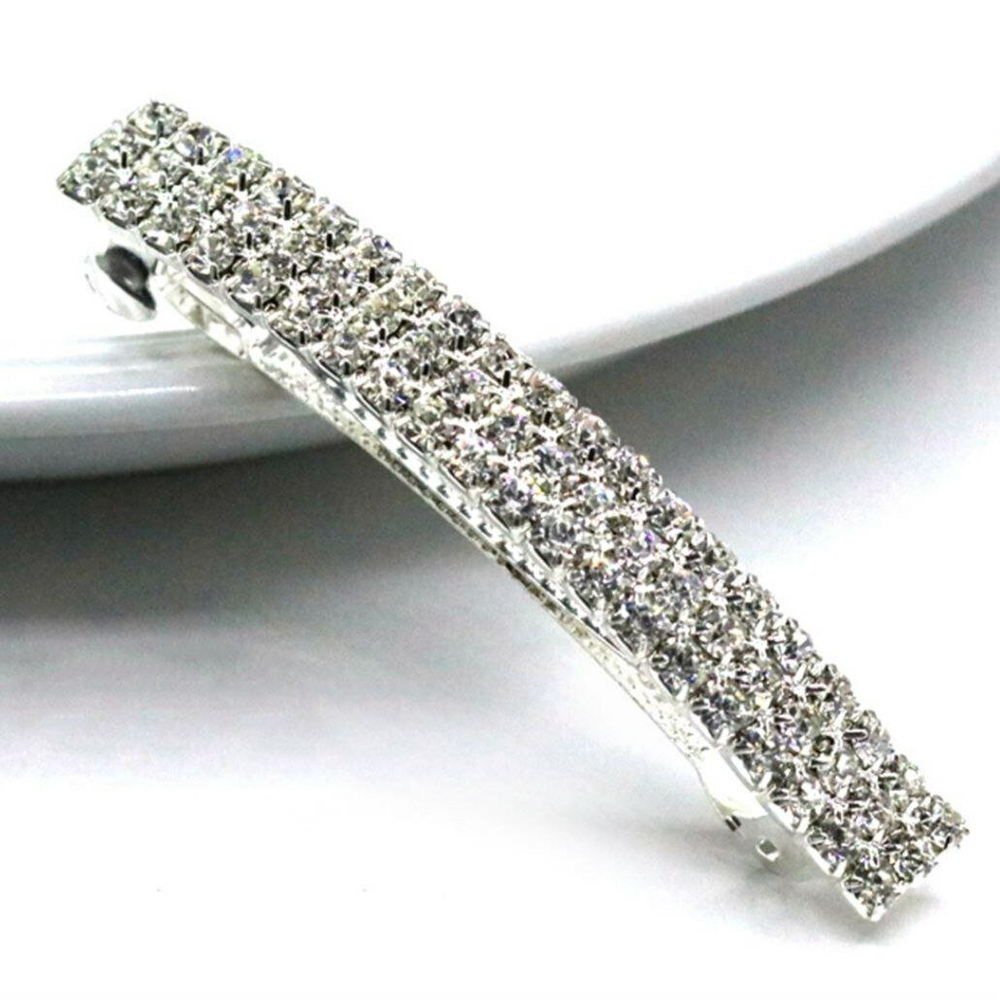 Заколка автомат французская весенняя заколка-автомат для волос. Со стразами в три ряда. Цвет серебро.