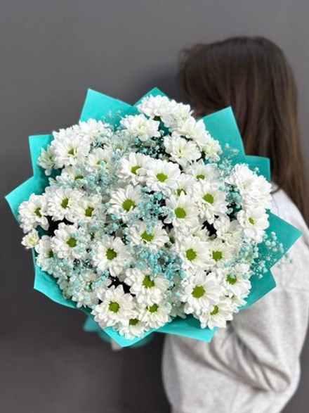 Букет из 7 хризантем сорта "KENNEDY WHITE" и гипсофилы цвета "TIFFANY"