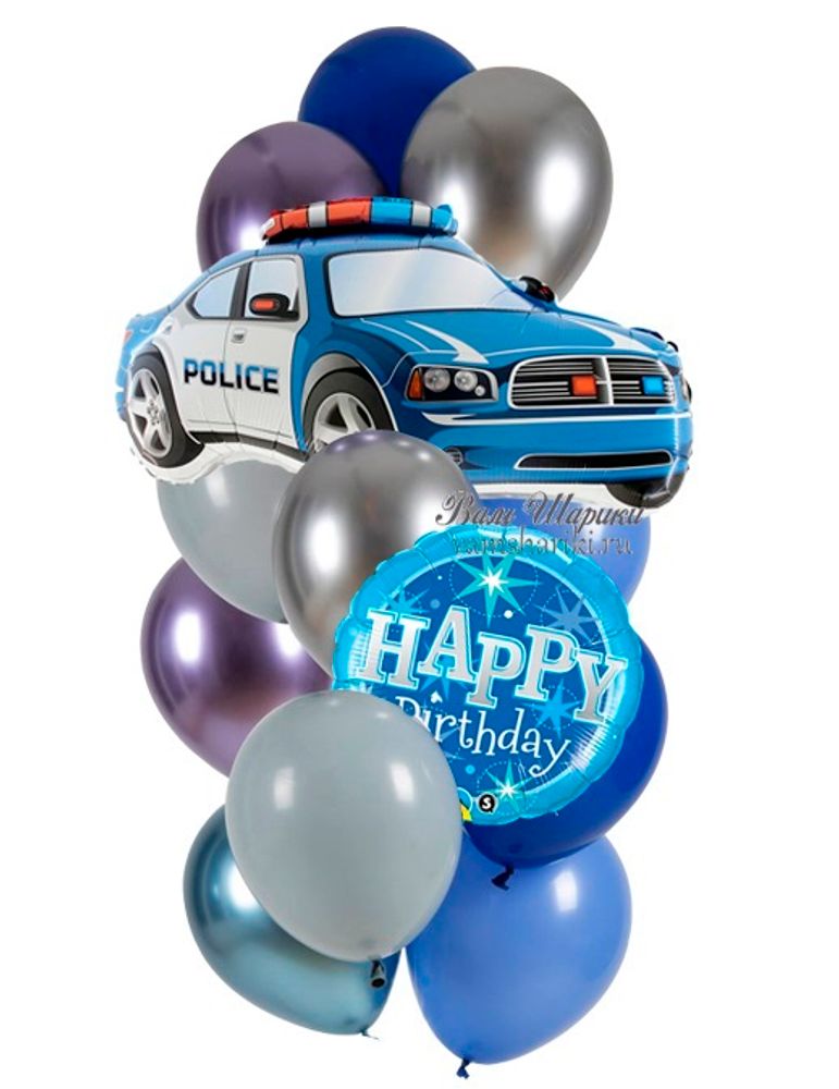 Шарики в синем цвете с гелием и полицейской машиной на День Рождения мальчику