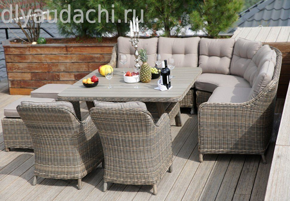 Угловой комплект дачной мебели из искусственного ротанга СОРРЕНТО обеденная группа ( подушки темно-серые)
