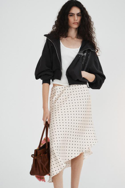 ZARA АТЛАСНАЯ ЮБКА АСИММЕТРИЧНОГО КРОЯ В ГОРОШЕК, ЭКРЮ/ЧЕРНЫЙ